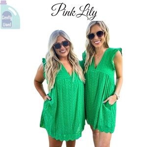 Pink Lily Kelly Green Romper Dress Eyelet Size XL 🌸💚